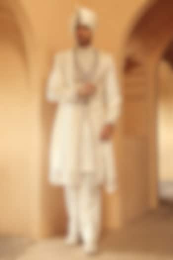 Ivory-Gold Raw Silk Hand Embroidered Groom Sherwani Set by Amit Behki at Pernia's Pop Up Shop