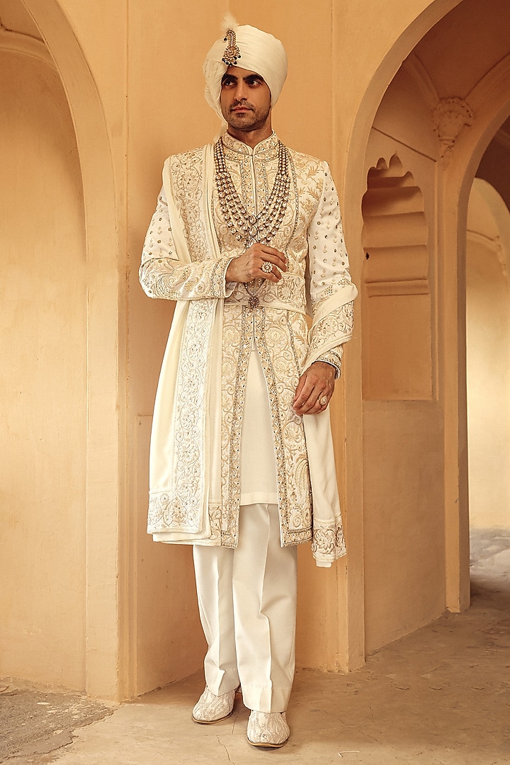 Ivory-Gold Raw Silk Hand Embroidered Groom Sherwani Set by Amit Behki at Pernia's Pop Up Shop