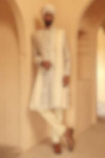 Ivory Raw Silk Hand Embroidered Groom Sherwani Set by Amit Behki at Pernia's Pop Up Shop
