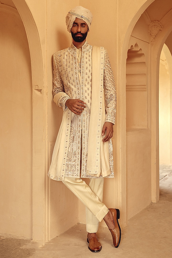Ivory Raw Silk Hand Embroidered Groom Sherwani Set by Amit Behki at Pernia's Pop Up Shop