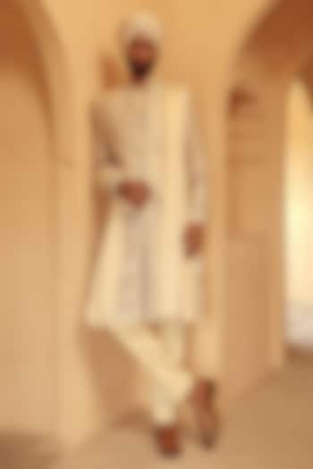 Ivory Raw Silk Hand Embroidered Stole by Amit Behki at Pernia's Pop Up Shop
