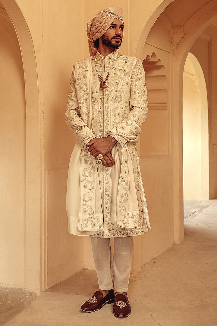 Champagne Raw Silk Hand Embroidered Groom Sherwani Set by Amit Behki at Pernia's Pop Up Shop