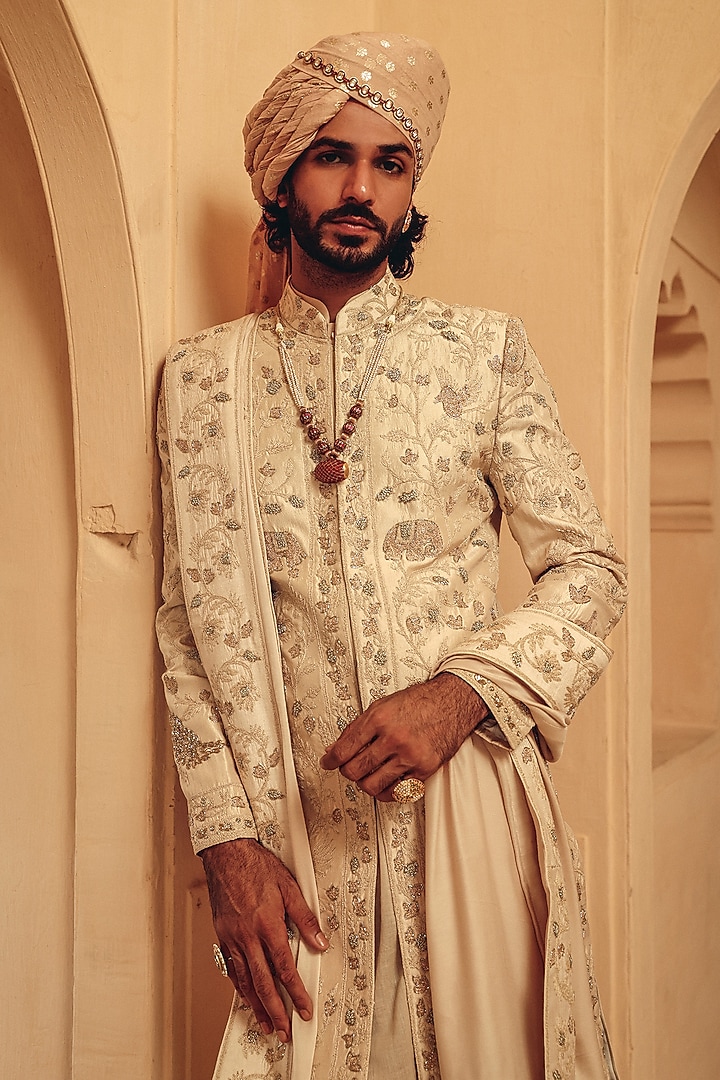 Champagne Raw Silk Hand Embroidered Stole by Amit Behki at Pernia's Pop Up Shop