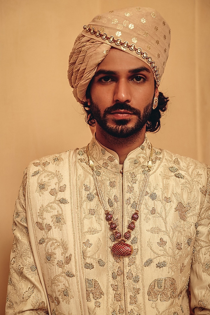 Champagne Raw Silk Hand Embroidered Stole by Amit Behki at Pernia's Pop Up Shop