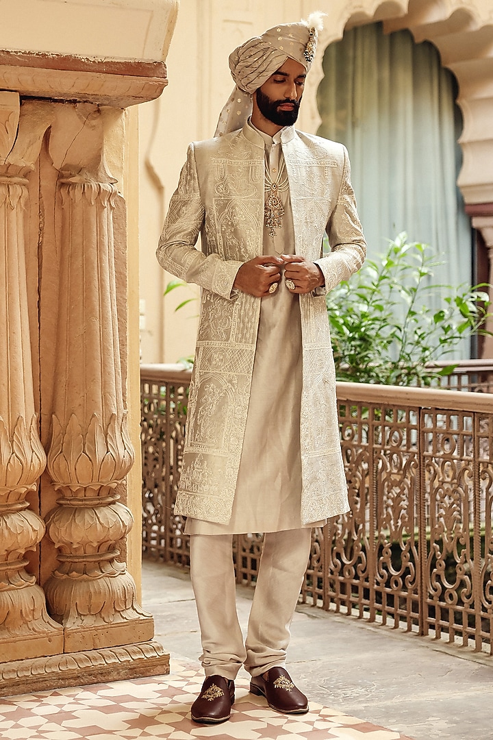 Champagne Raw Silk Hand Embroidered Groom Indowestern Set by Amit Behki at Pernia's Pop Up Shop