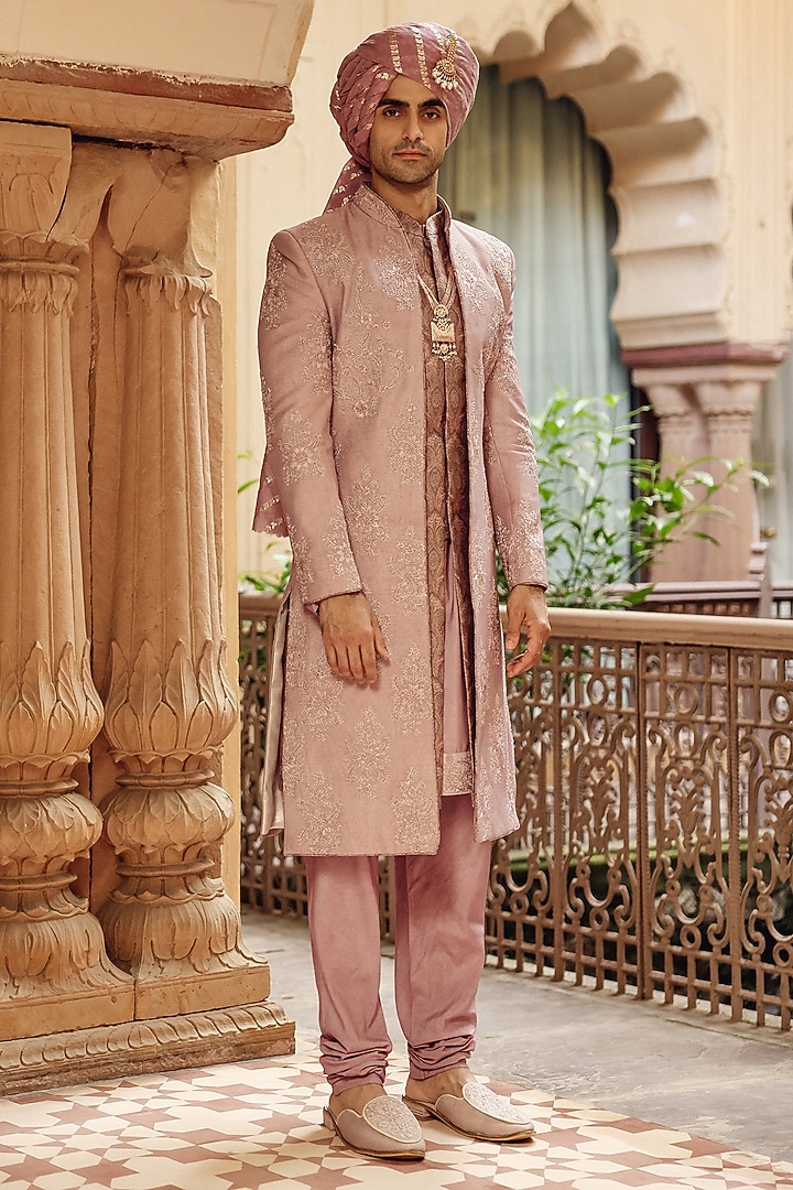 Dusty Rose Raw Silk Hand Embroidered Groom Indowestern Set by Amit Behki at Pernia's Pop Up Shop