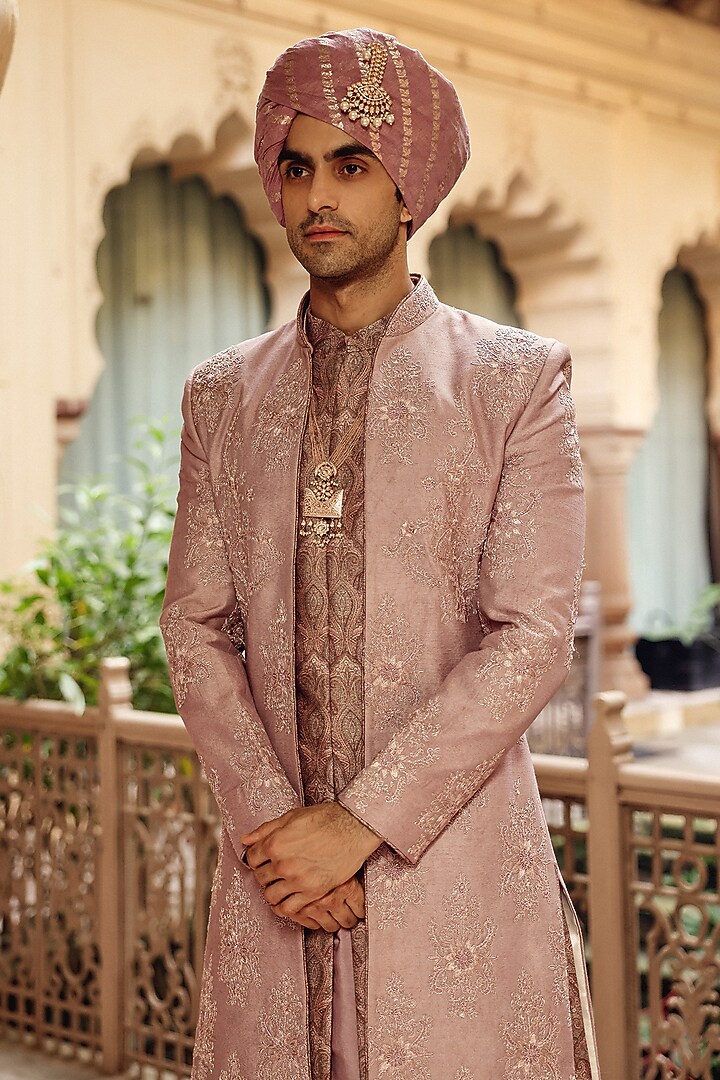 Dusty Rose Raw Silk Hand Embroidered Groom Indowestern Set by Amit Behki at Pernia's Pop Up Shop