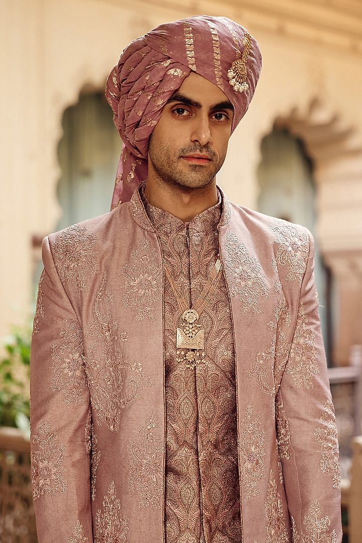 Dusty Rose Raw Silk Hand Embroidered Groom Indowestern Set by Amit Behki at Pernia's Pop Up Shop