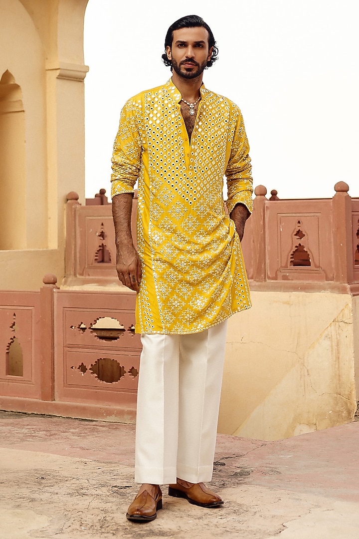 Yellow Raw Silk Embellished Kurta Set by Amit Behki at Pernia's Pop Up Shop