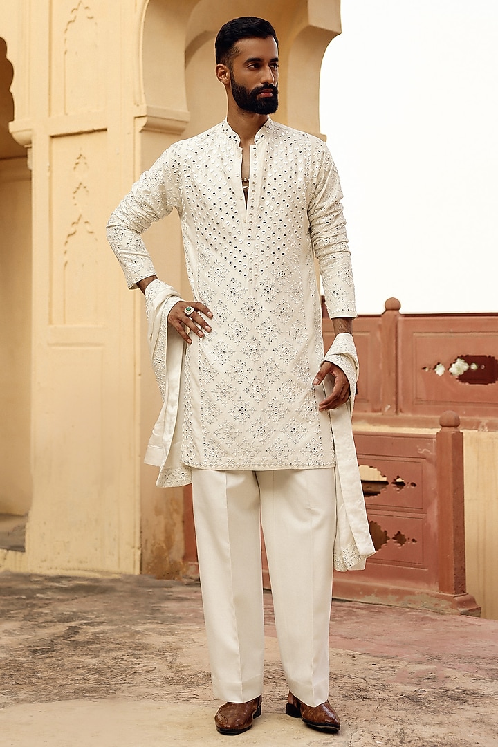Ivory Raw Silk Mirror Work Kurta Set by Amit Behki at Pernia's Pop Up Shop