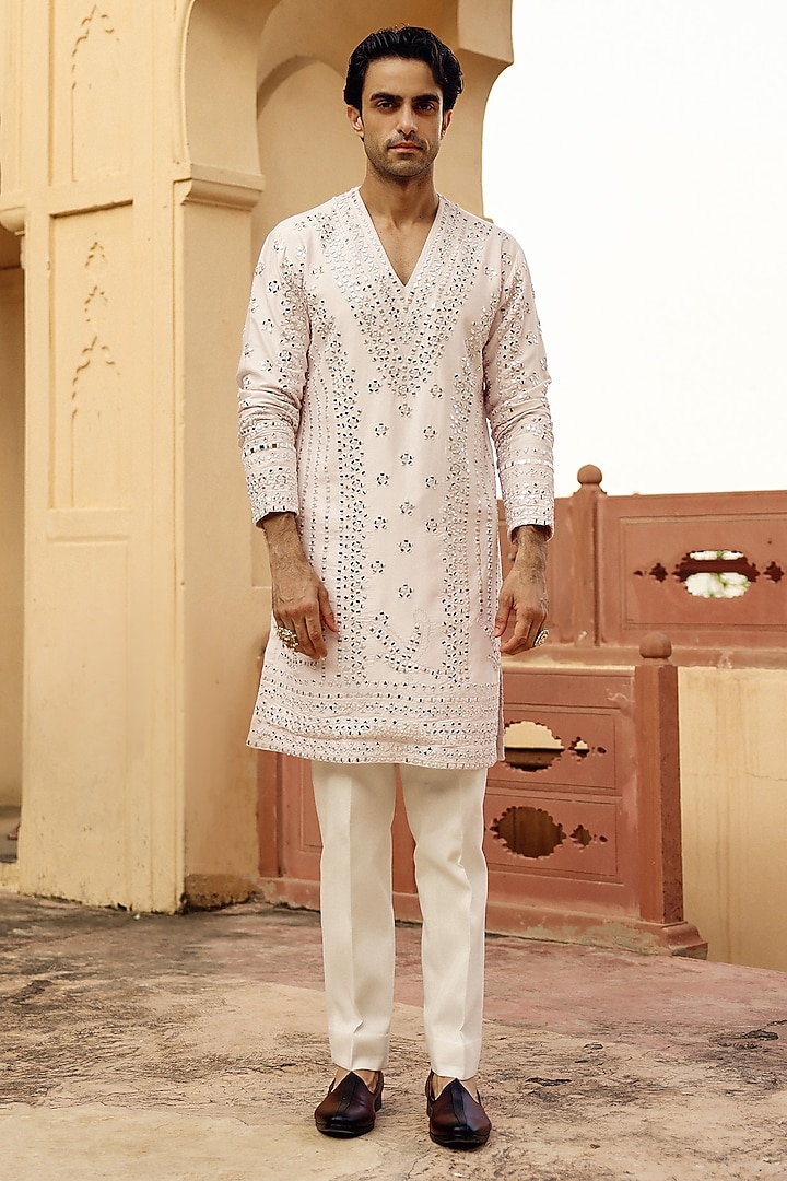 Blush Pink Raw Silk Mirror Work Kurta Set by Amit Behki at Pernia's Pop Up Shop