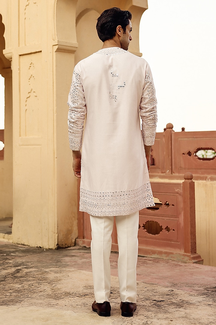 Blush Pink Raw Silk Mirror Work Kurta Set by Amit Behki at Pernia's Pop Up Shop