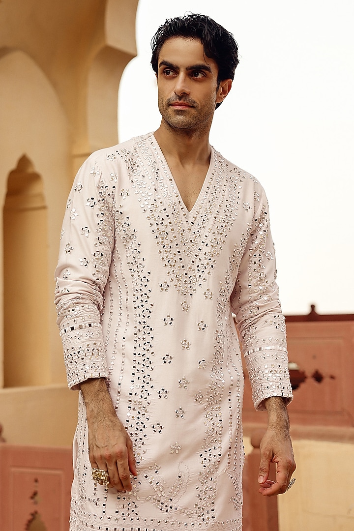 Blush Pink Raw Silk Mirror Work Kurta Set by Amit Behki at Pernia's Pop Up Shop