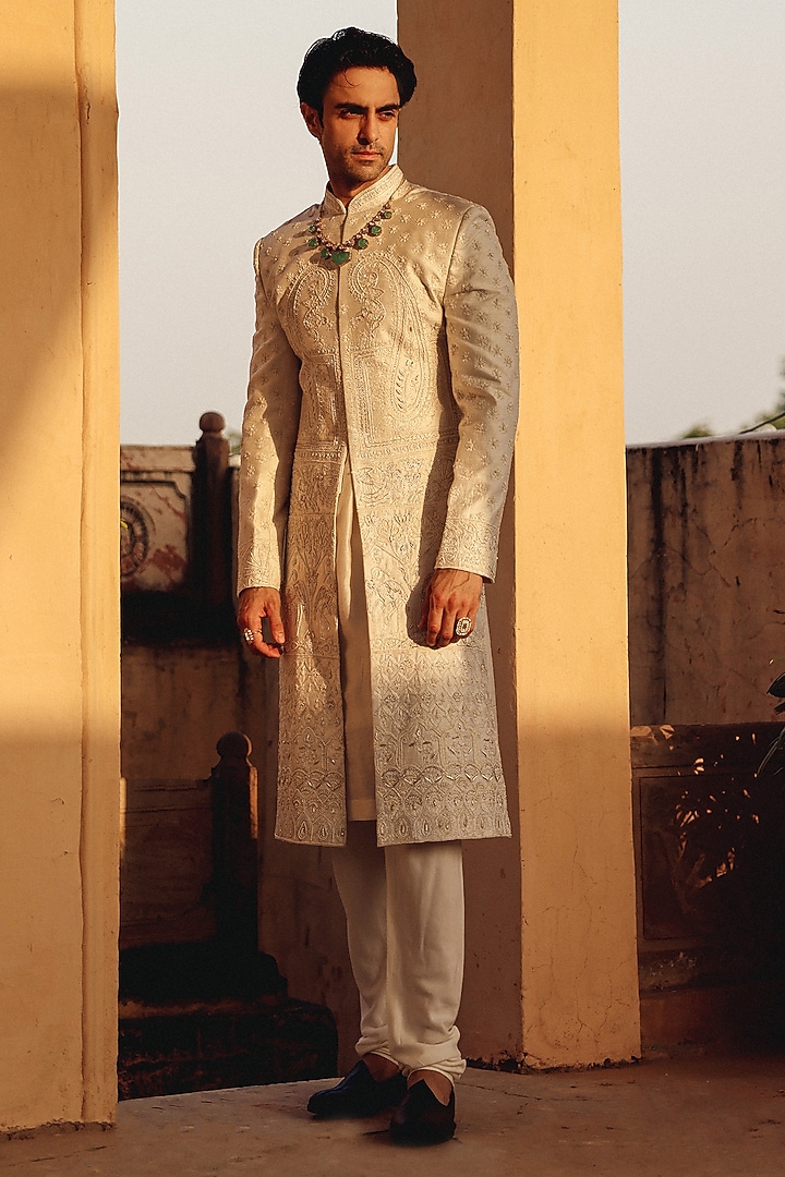 Ivory Raw Silk Hand Embroidered Groom Sherwani Set by Amit Behki at Pernia's Pop Up Shop