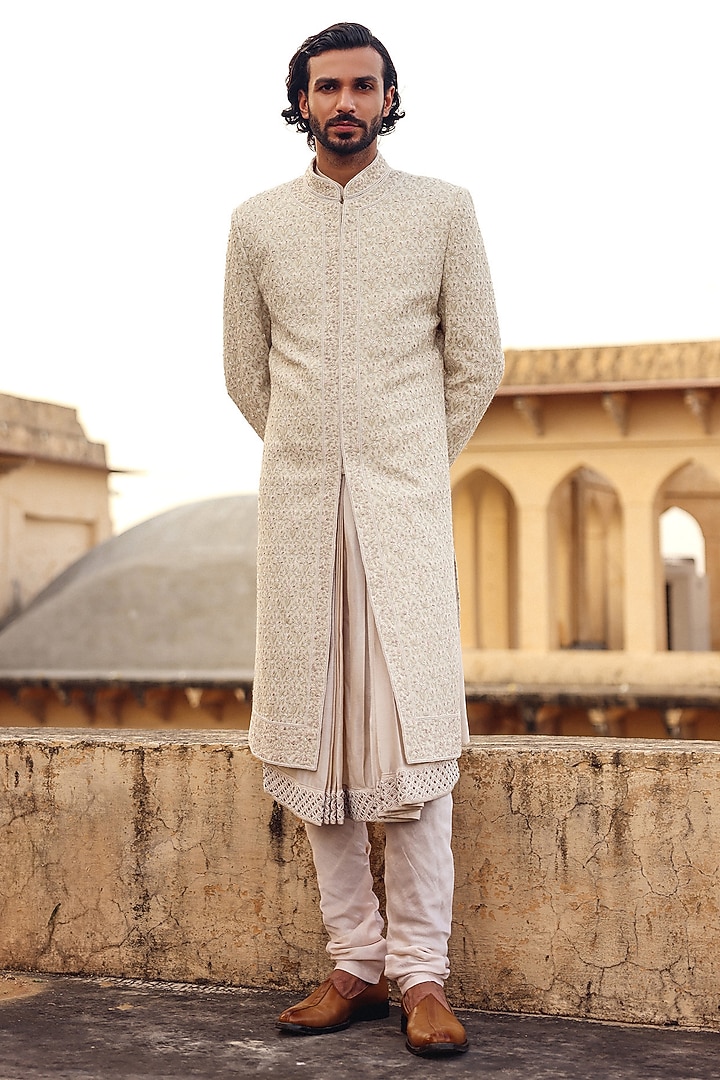 Ivory Pashmina Hand Embroidered Groom Sherwani Set by Amit Behki at Pernia's Pop Up Shop