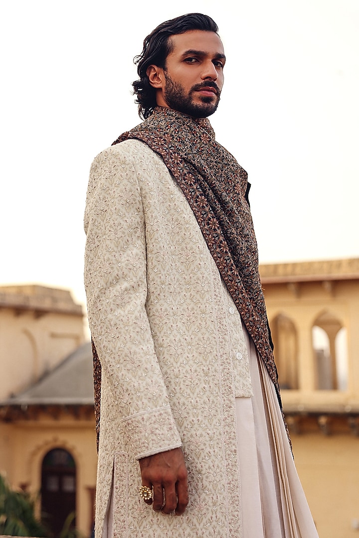 Brown Pashmina Hand Embroidered Stole by Amit Behki at Pernia's Pop Up Shop