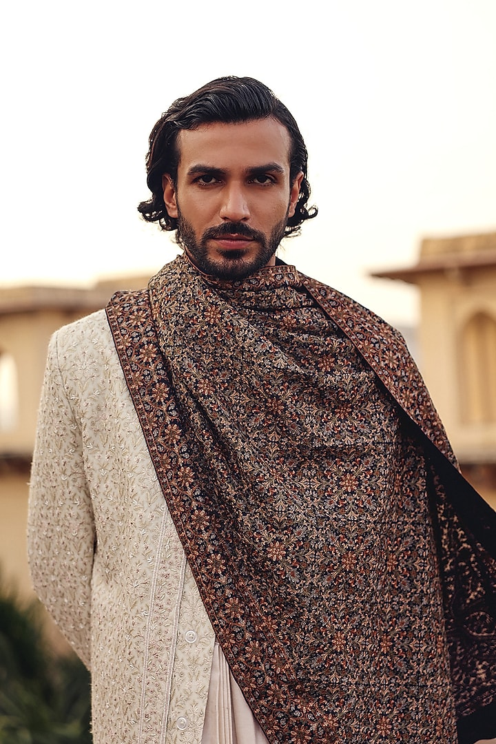 Brown Pashmina Hand Embroidered Stole by Amit Behki at Pernia's Pop Up Shop