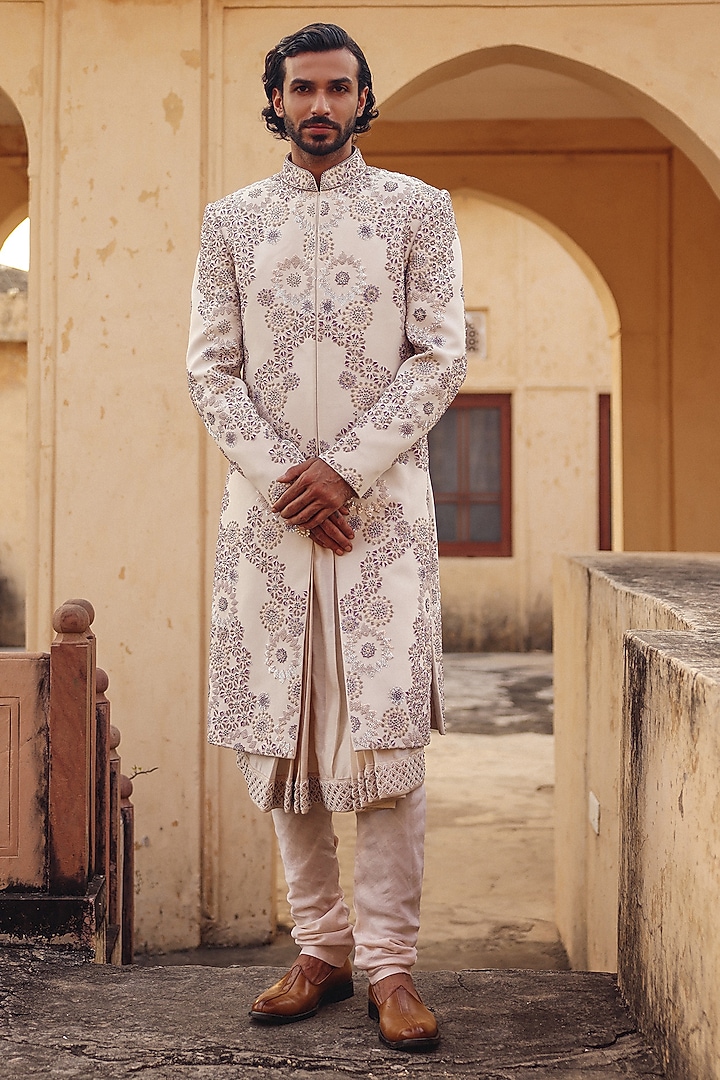 Ivory Raw Silk Hand Embroidered Groom Sherwani Set by Amit Behki at Pernia's Pop Up Shop