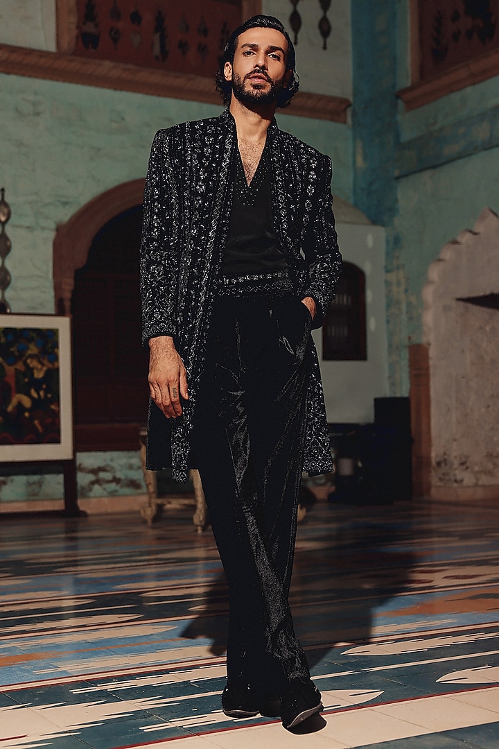 Black Italian Fabric Hand Embroidered Groom Indowestern Set by Amit Behki at Pernia's Pop Up Shop