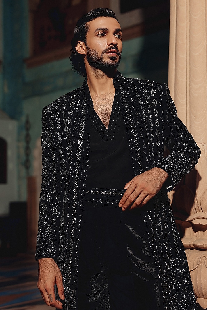 Black Italian Fabric Hand Embroidered Groom Indowestern Set by Amit Behki at Pernia's Pop Up Shop