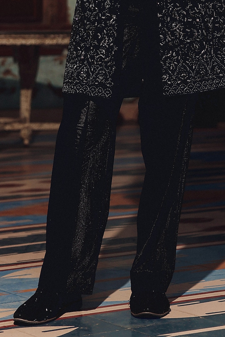 Black Italian Fabric Hand Embroidered Groom Indowestern Set by Amit Behki at Pernia's Pop Up Shop