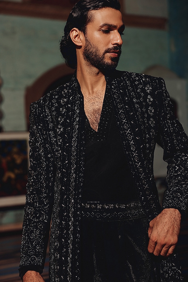 Black Italian Fabric Hand Embroidered Groom Indowestern Set by Amit Behki at Pernia's Pop Up Shop