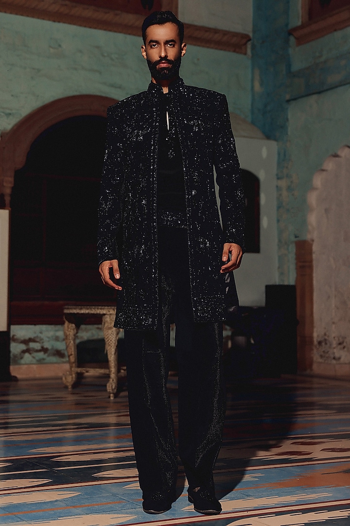 Black Velvet & Italian Fabric Hand Embroidered Groom Indowestern Set by Amit Behki at Pernia's Pop Up Shop