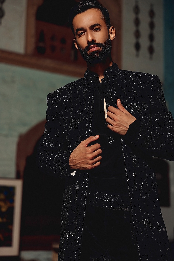 Black Velvet & Italian Fabric Hand Embroidered Groom Indowestern Set by Amit Behki at Pernia's Pop Up Shop