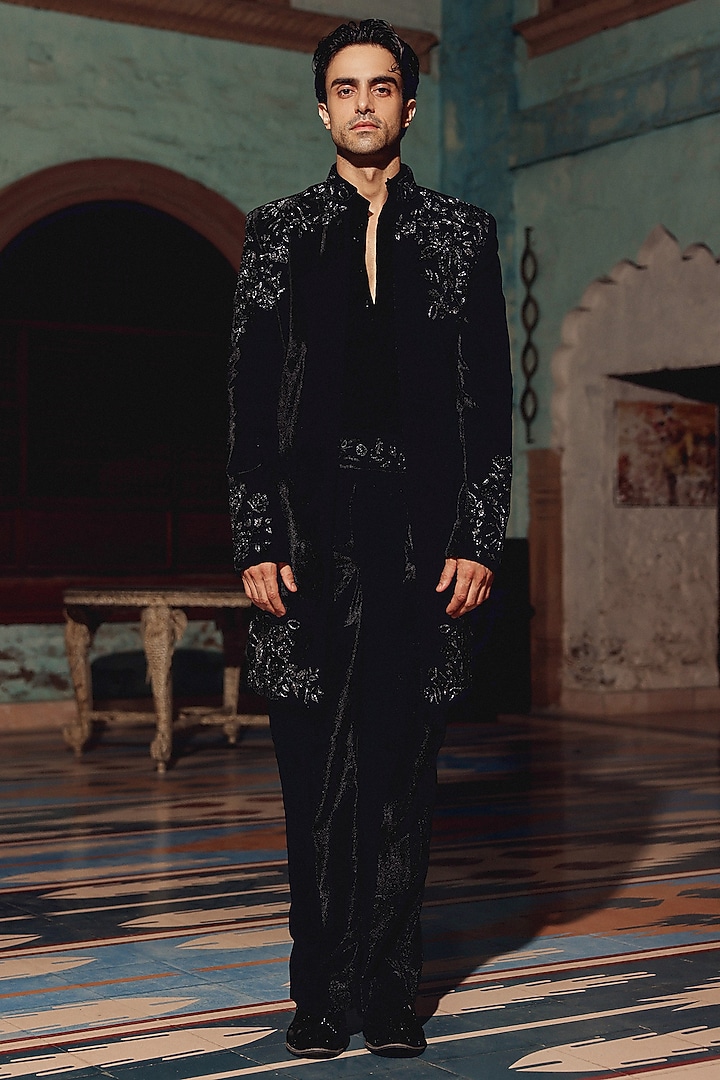 Black Italian Fabric Hand Embroidered Groom Indowestern Set by Amit Behki at Pernia's Pop Up Shop