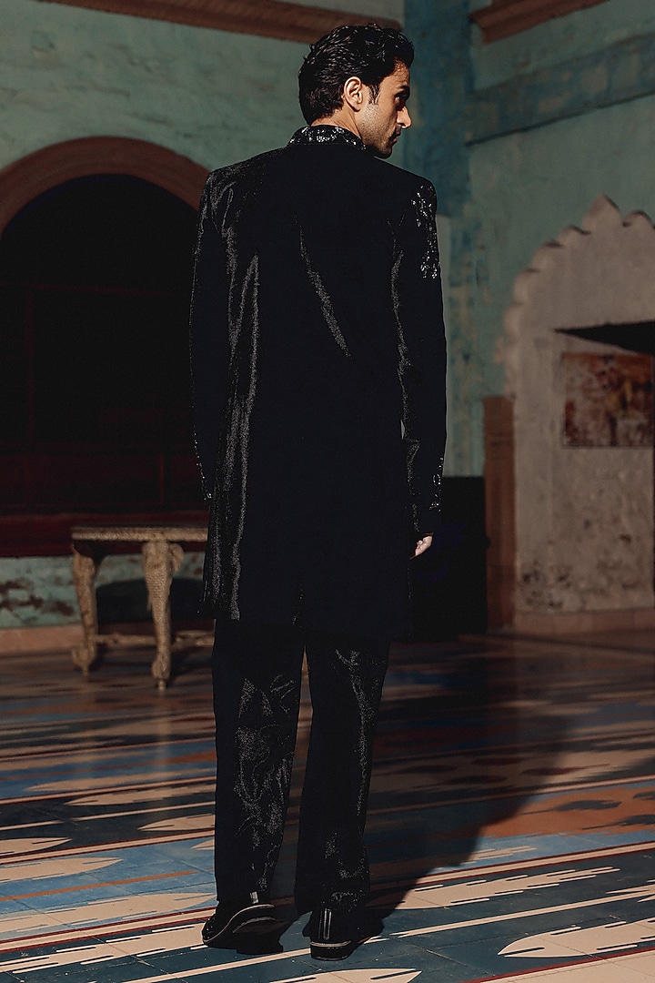 Black Italian Fabric Hand Embroidered Groom Indowestern Set by Amit Behki at Pernia's Pop Up Shop