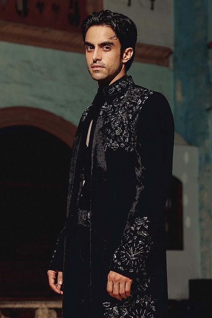 Black Italian Fabric Hand Embroidered Groom Indowestern Set by Amit Behki at Pernia's Pop Up Shop