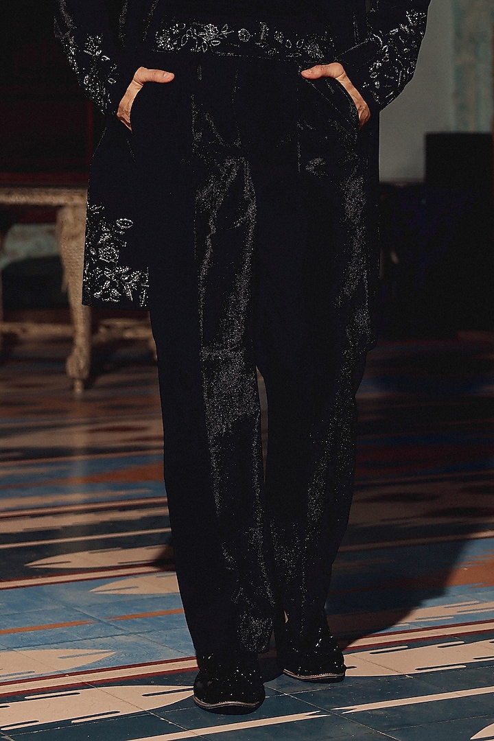 Black Italian Fabric Hand Embroidered Groom Indowestern Set by Amit Behki at Pernia's Pop Up Shop
