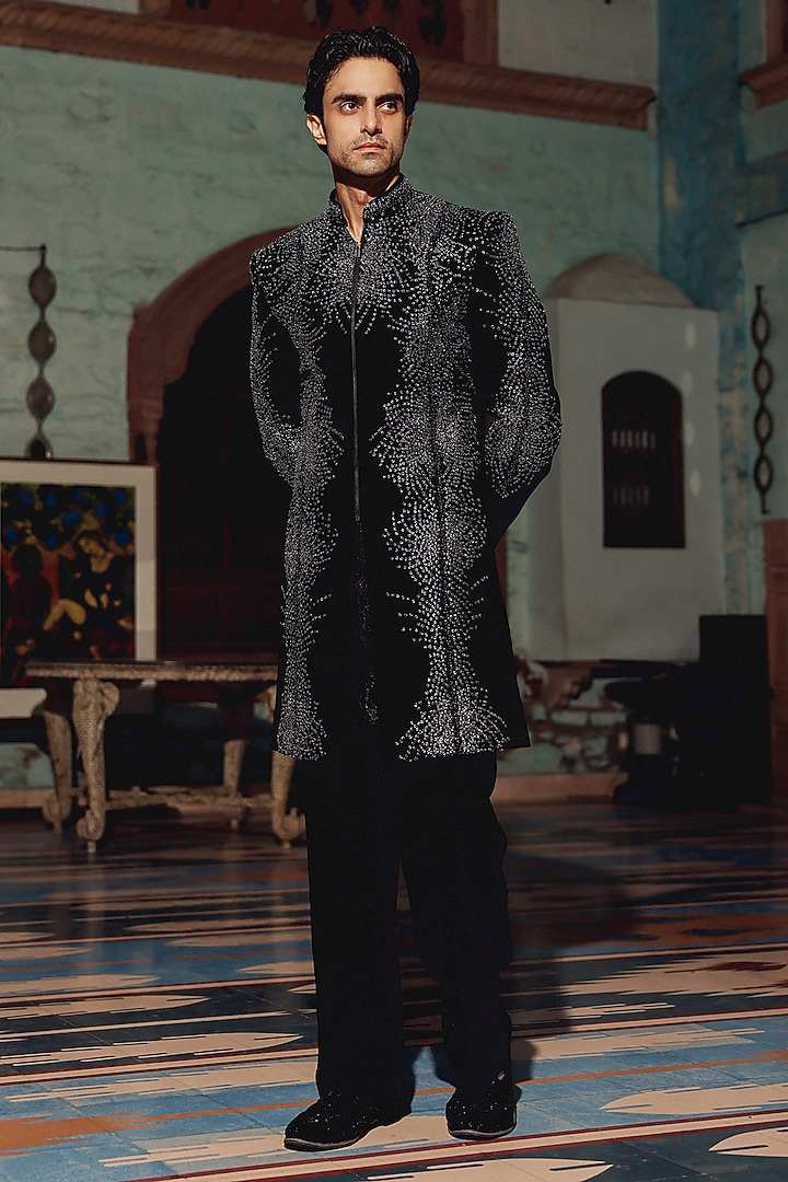 Black Velvet & Italian Fabric Hand Embroidered Groom Sherwani Set by Amit Behki at Pernia's Pop Up Shop