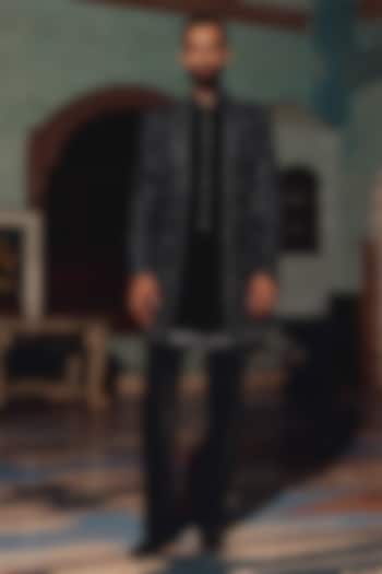 Black Italian Fabric Hand Embroidered Groom Indowestern Set by Amit Behki at Pernia's Pop Up Shop