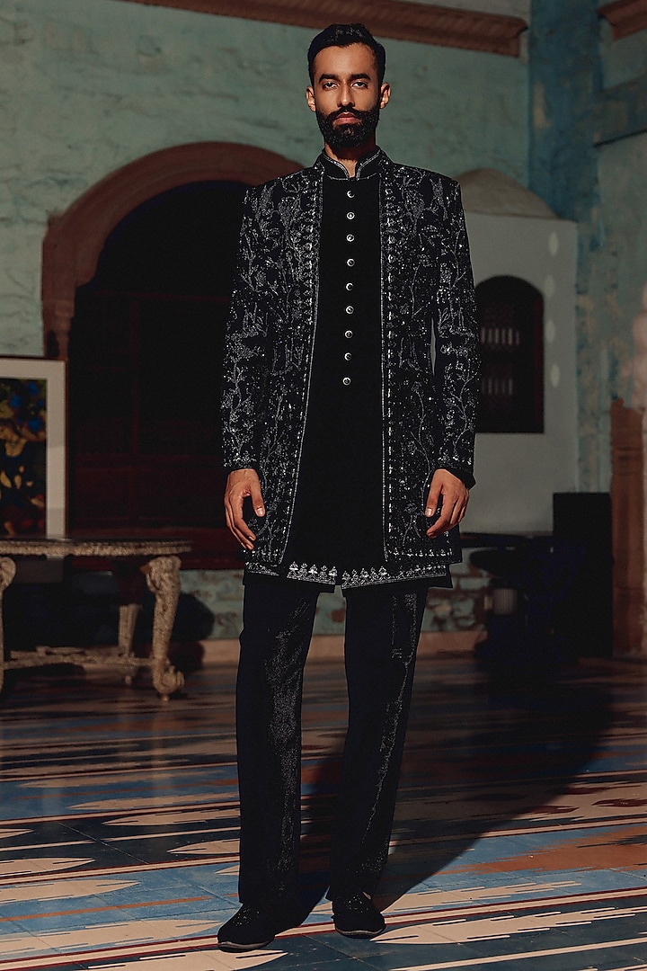 Black Italian Fabric Hand Embroidered Groom Indowestern Set by Amit Behki at Pernia's Pop Up Shop