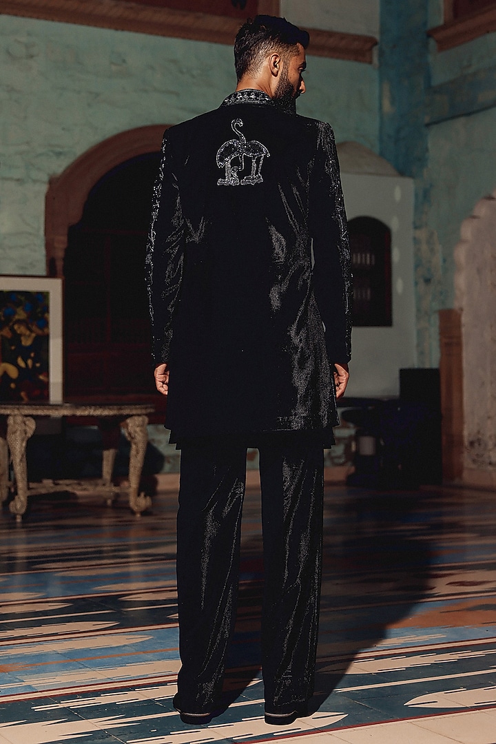 Black Italian Fabric Hand Embroidered Groom Indowestern Set by Amit Behki at Pernia's Pop Up Shop
