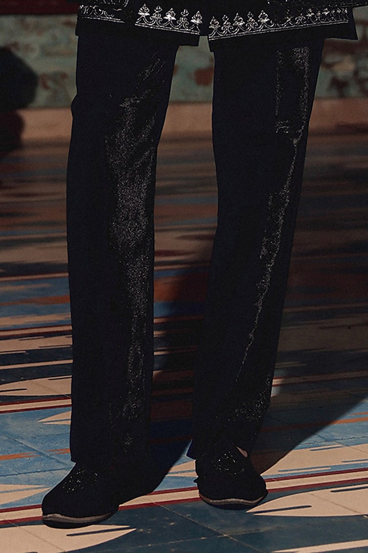 Black Italian Fabric Hand Embroidered Groom Indowestern Set by Amit Behki at Pernia's Pop Up Shop