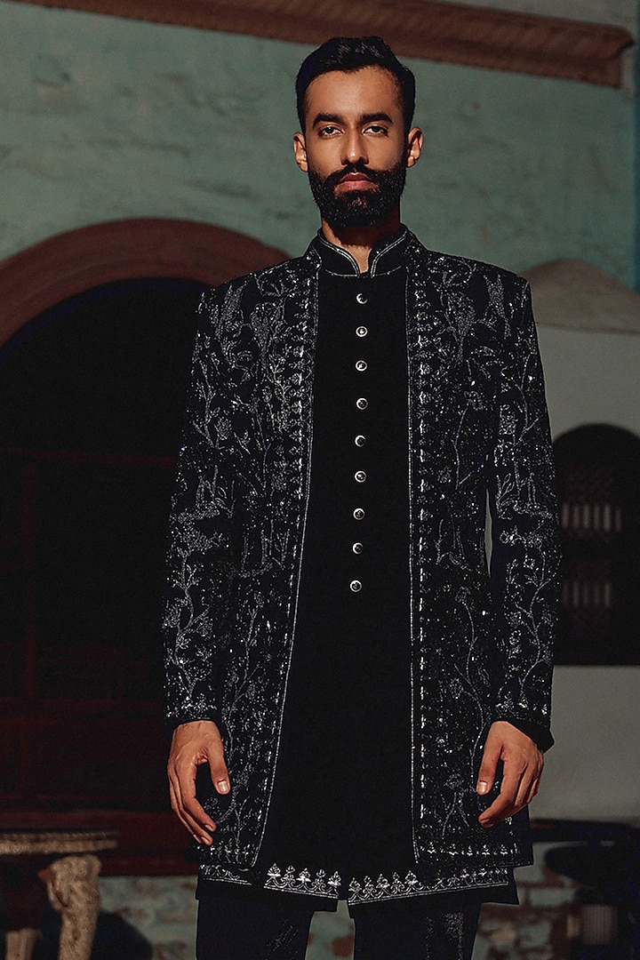 Black Italian Fabric Hand Embroidered Groom Indowestern Set by Amit Behki at Pernia's Pop Up Shop