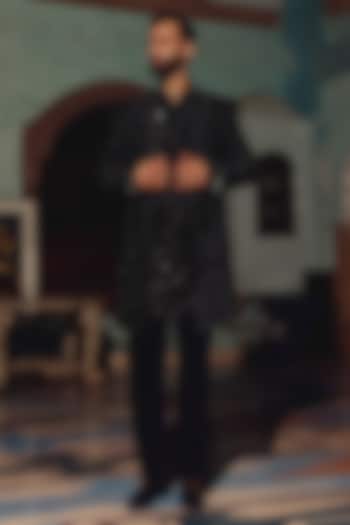 Black Italian Fabric Hand Embroidered Groom Indowestern Set by Amit Behki at Pernia's Pop Up Shop