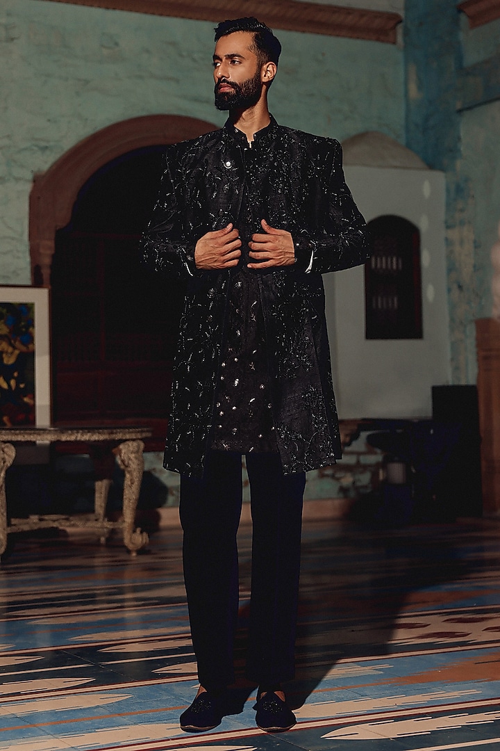 Black Italian Fabric Hand Embroidered Groom Indowestern Set by Amit Behki at Pernia's Pop Up Shop