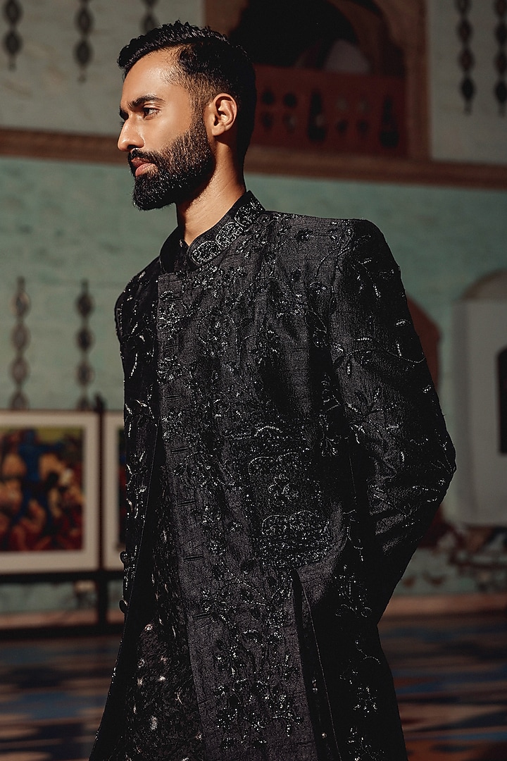 Black Italian Fabric Hand Embroidered Groom Indowestern Set by Amit Behki at Pernia's Pop Up Shop