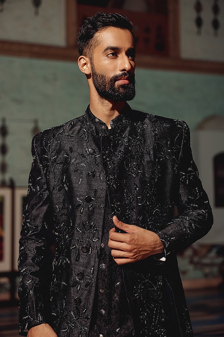 Black Italian Fabric Hand Embroidered Groom Indowestern Set by Amit Behki at Pernia's Pop Up Shop