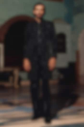 Black Italian Fabric Hand Embroidered Groom Indowestern Set by Amit Behki at Pernia's Pop Up Shop