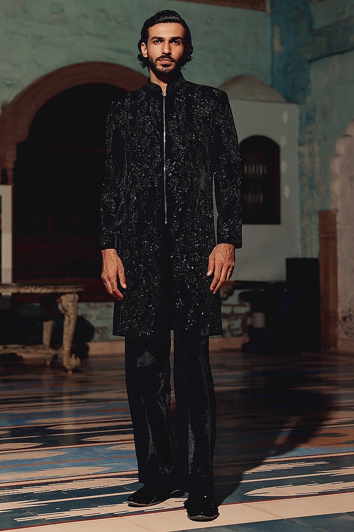 Black Italian Fabric Hand Embroidered Groom Indowestern Set by Amit Behki at Pernia's Pop Up Shop