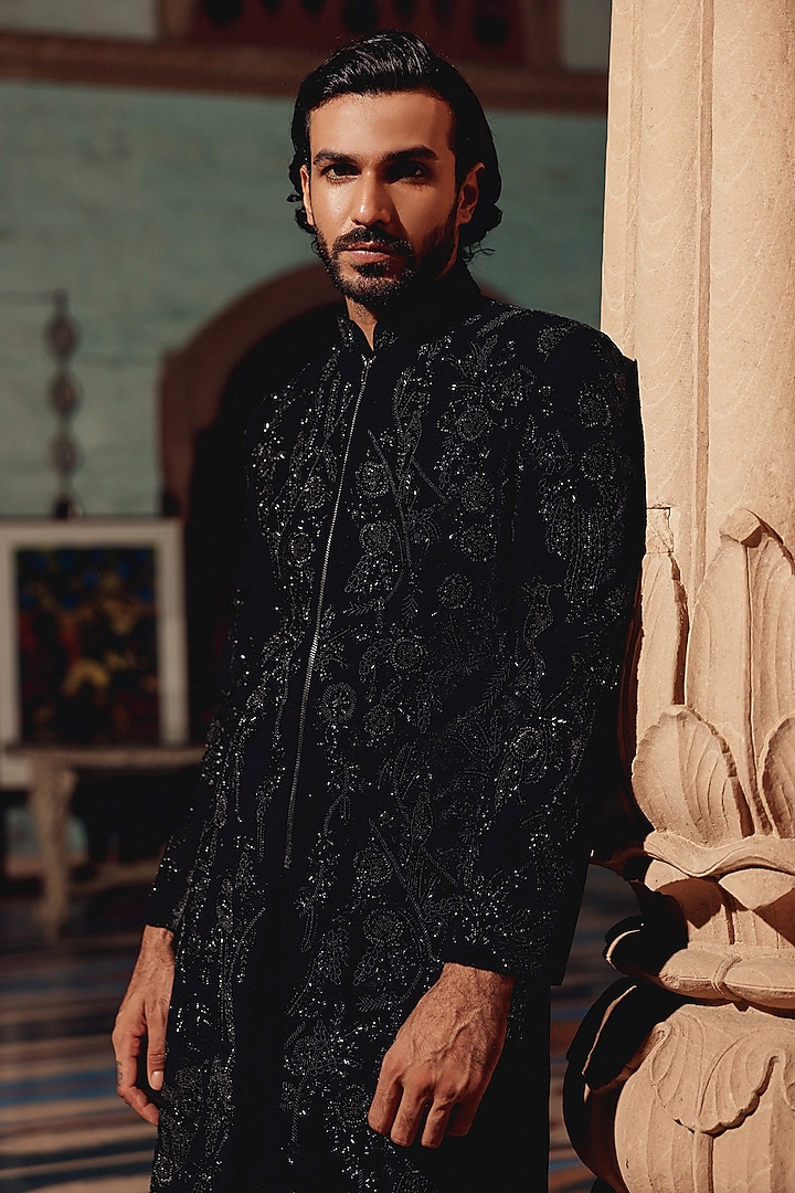 Black Italian Fabric Hand Embroidered Groom Indowestern Set by Amit Behki at Pernia's Pop Up Shop