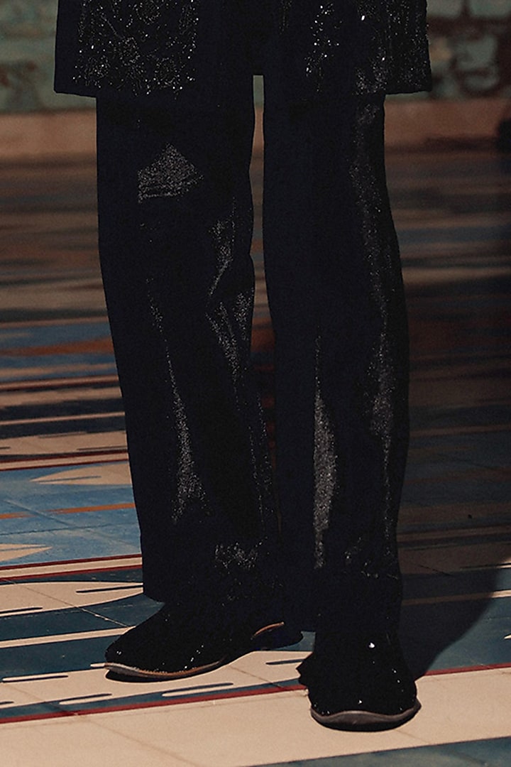 Black Italian Fabric Hand Embroidered Groom Indowestern Set by Amit Behki at Pernia's Pop Up Shop
