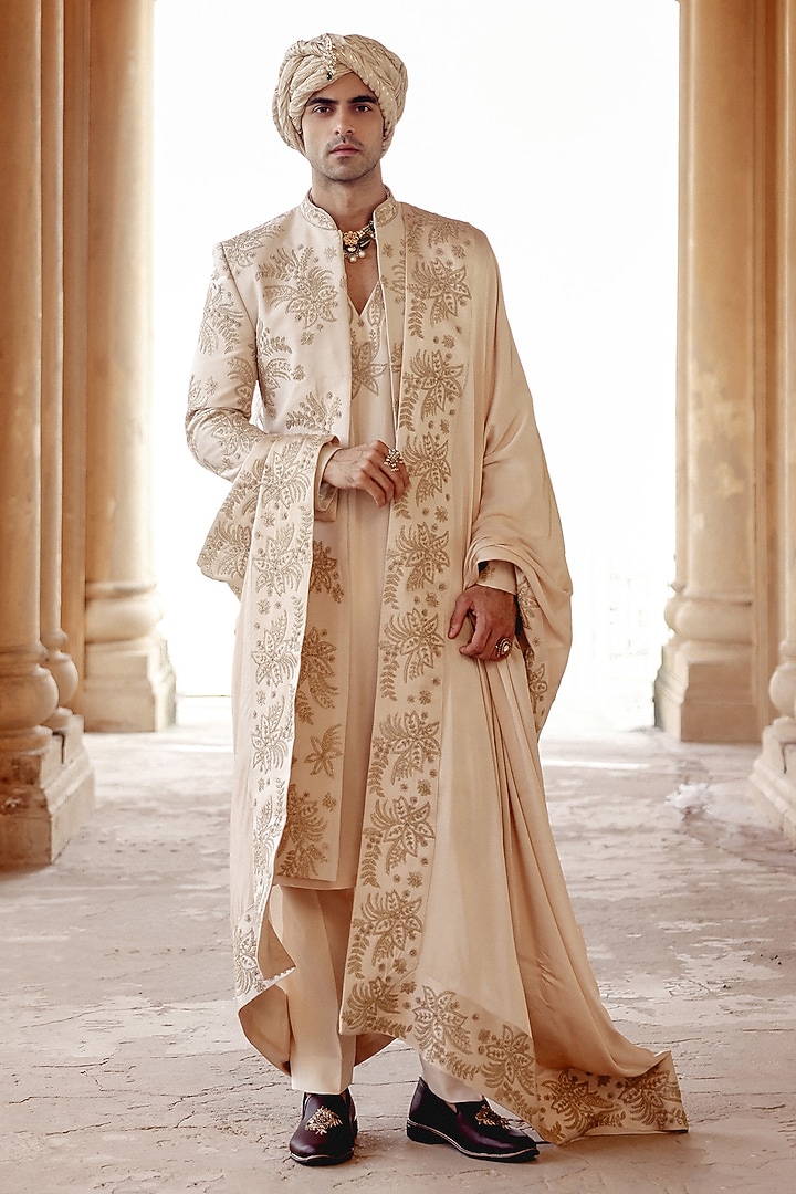 Ivory Raw Silk Hand Embroidered Groom Sherwani Set by Amit Behki at Pernia's Pop Up Shop