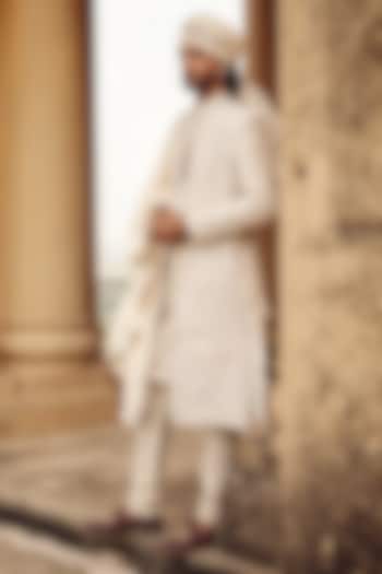 Ivory Raw Silk Hand Embroidered Groom Indowestern Set by Amit Behki at Pernia's Pop Up Shop