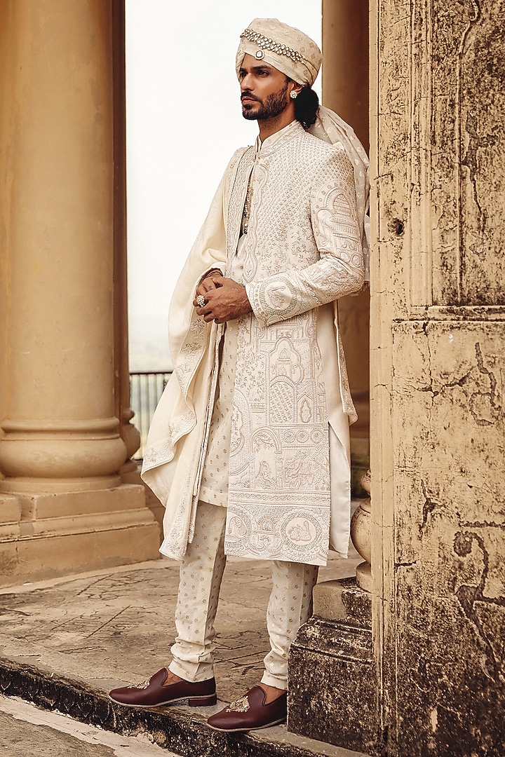Ivory Raw Silk Hand Embroidered Groom Indowestern Set by Amit Behki at Pernia's Pop Up Shop