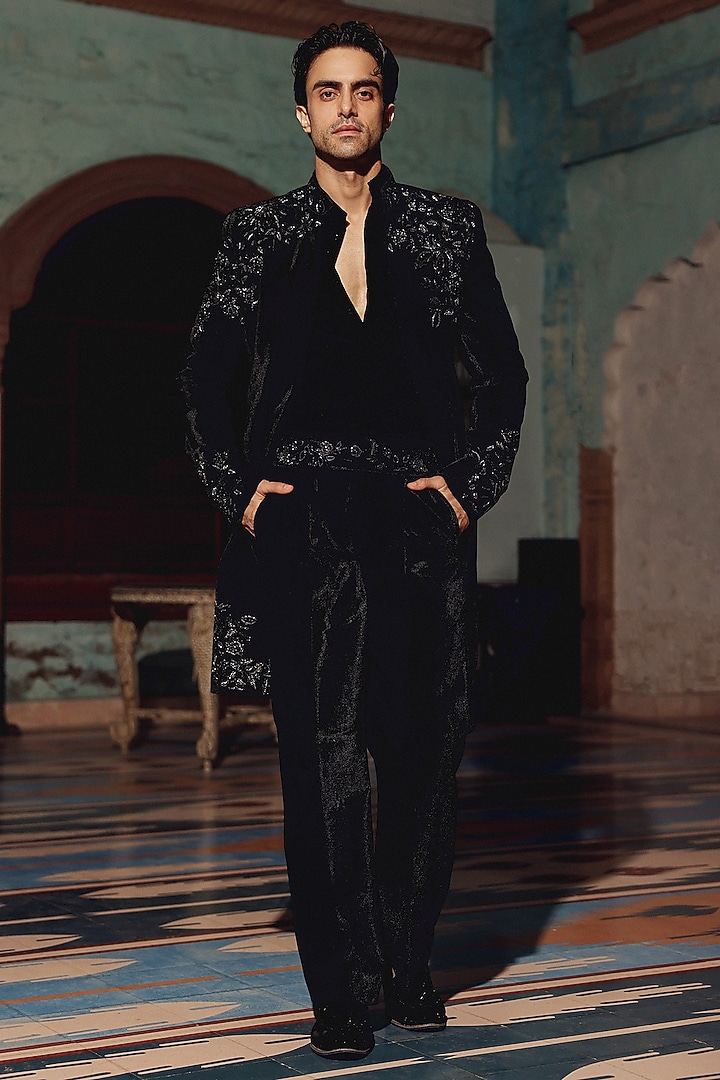 Black Italian Fabric Hand Embroidered Groom Indowestern Set by Amit Behki at Pernia's Pop Up Shop
